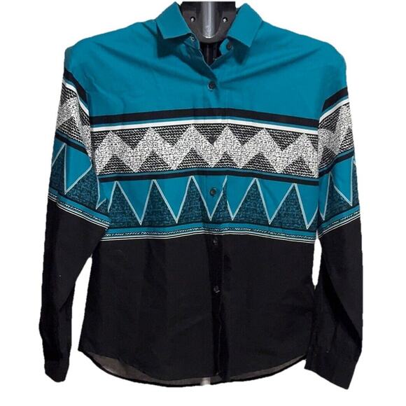 Roper Button Up Western Print Shirt Geometric Blue Black Size Medium - Picture 1 of 3